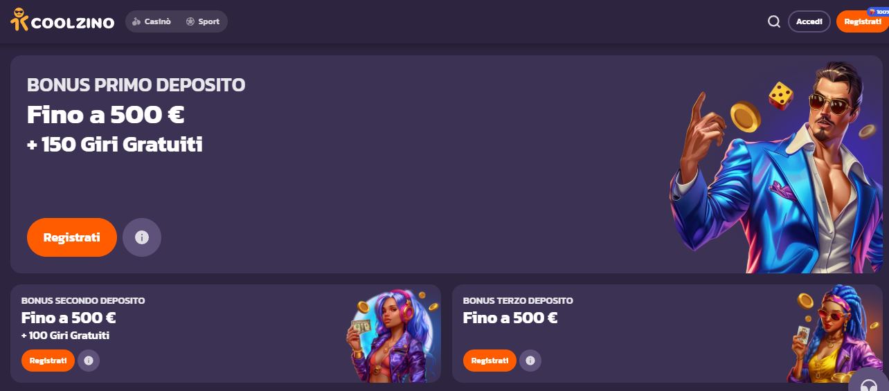 Richiedi bonus primo deposito fino 500 euro Coolzino
