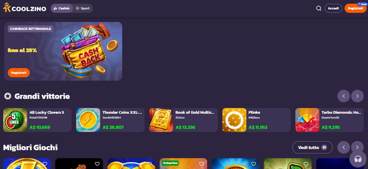 Visualizza grandi vittorie recenti e giochi migliori Coolzino