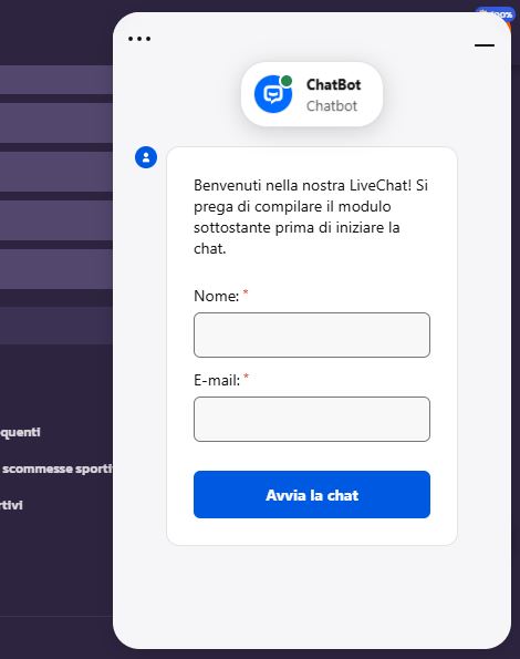 Compila modulo LiveChat per iniziare conversazione assistenza